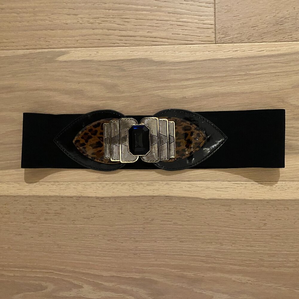 Bebe Black Stretch Belt w Animal Print Detail Size M/L